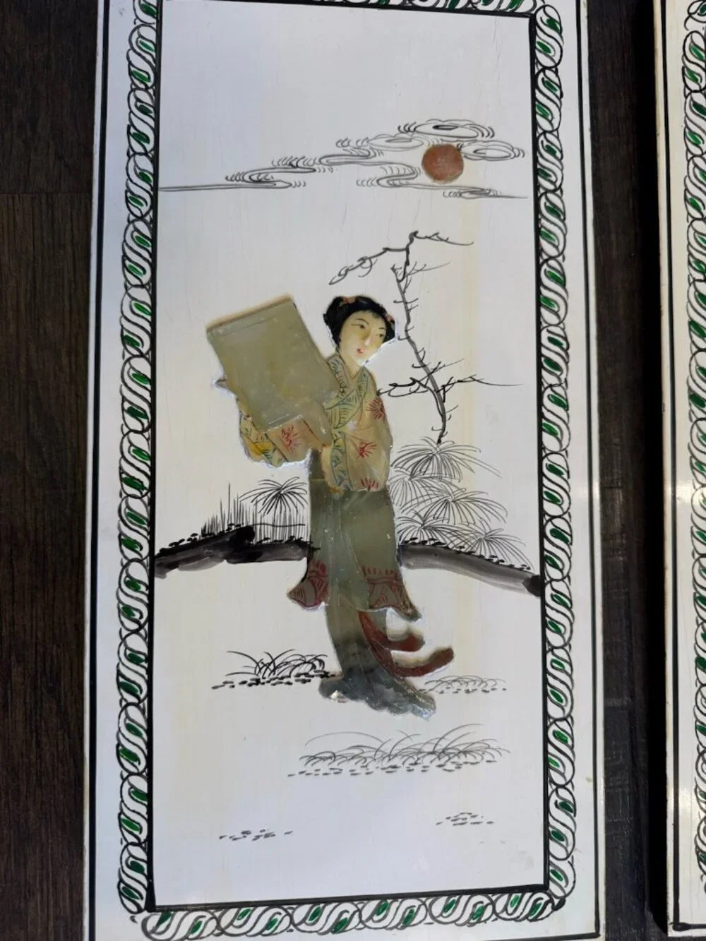 Vtg Lacquered Chinese Handcarved Soapstone 3D White Panel Set of 3 Wall Hangings